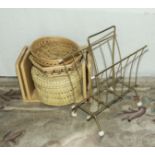 An extending book trough, baskets and a retro magazine rack