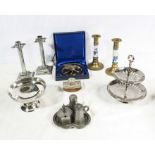 Two pairs of candlesticks, silver plated cake stand, pewter cruet and other items