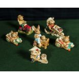 Six Pendelfin Bunny figures, 2 Barrow Boys, Tidy Patch, Gramps, Mr Mowerly and Crocker