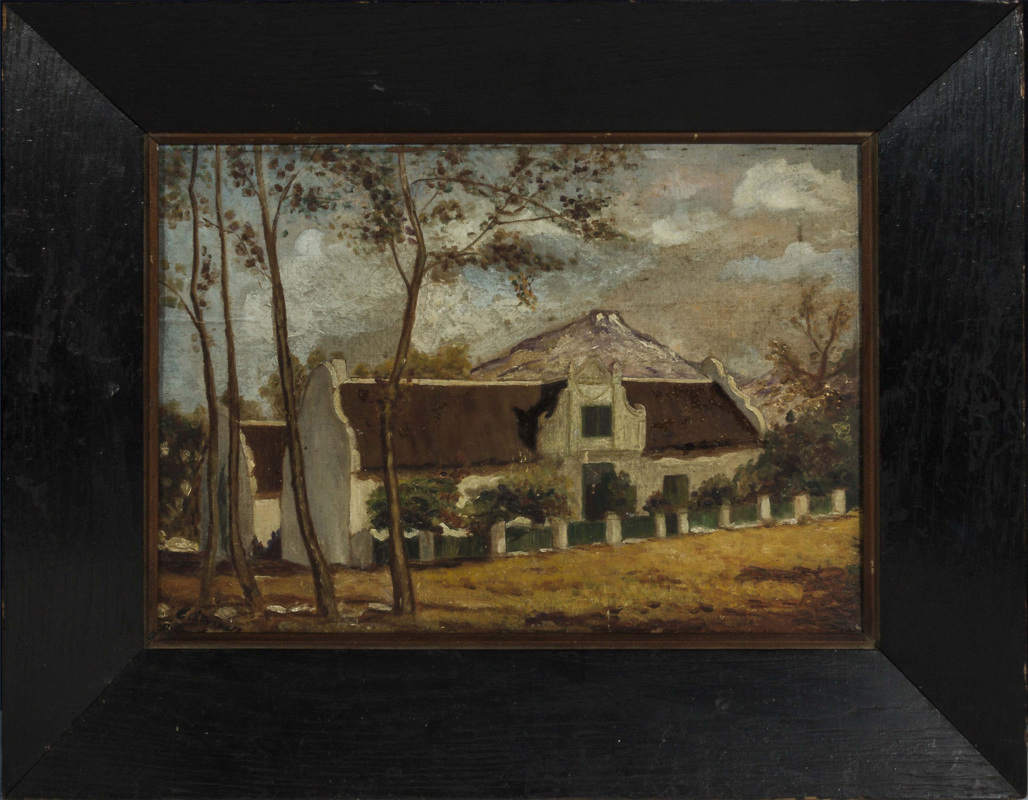 E A Donall 1936 - South African oil on panel depicting a Boer House, retailers label verso Bree