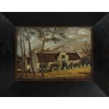 E A Donall 1936 - South African oil on panel depicting a Boer House, retailers label verso Bree