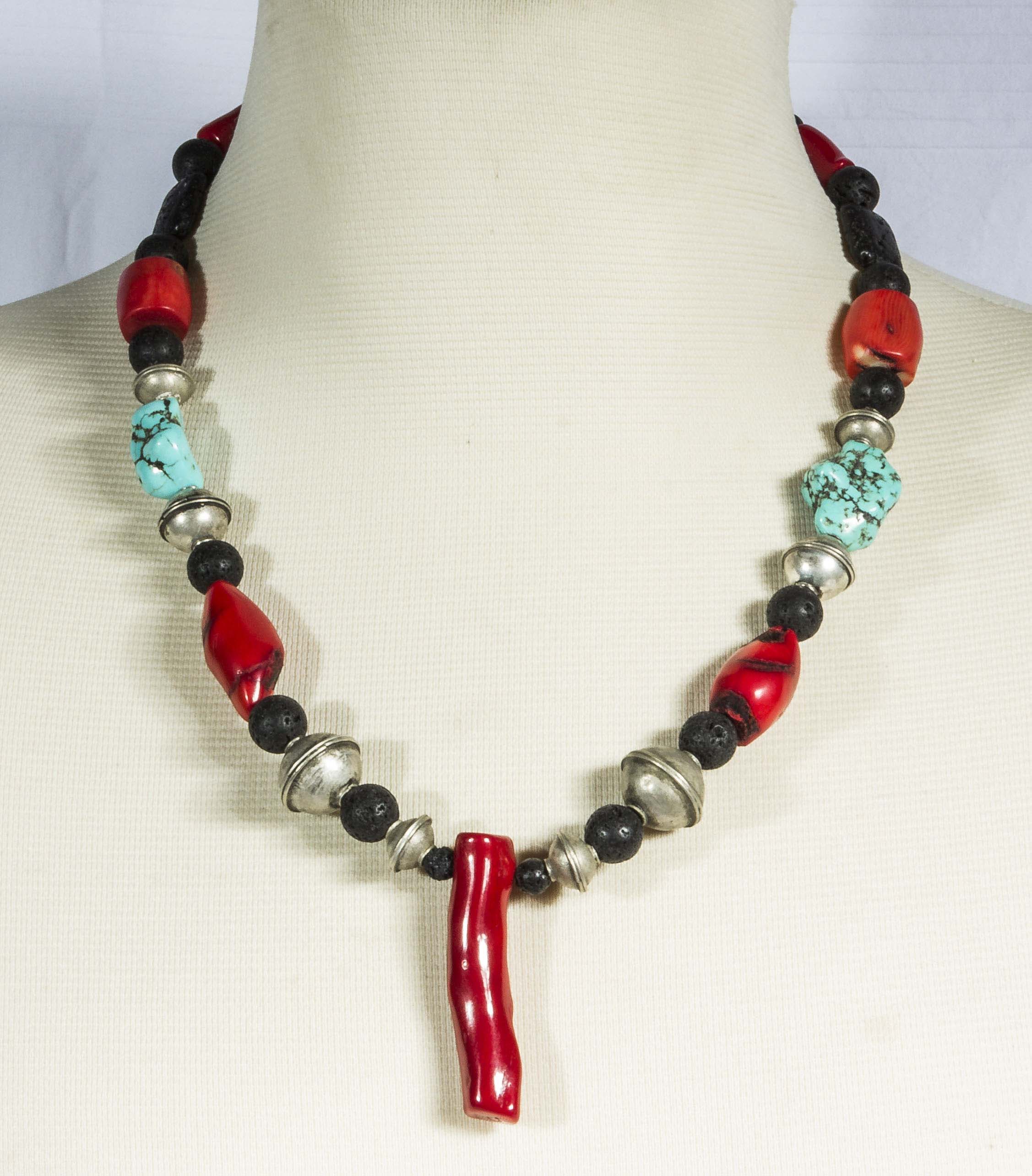 Old tribal necklace (re-strung) made up of fossil red coral, turquoise, old bereber silver beads and