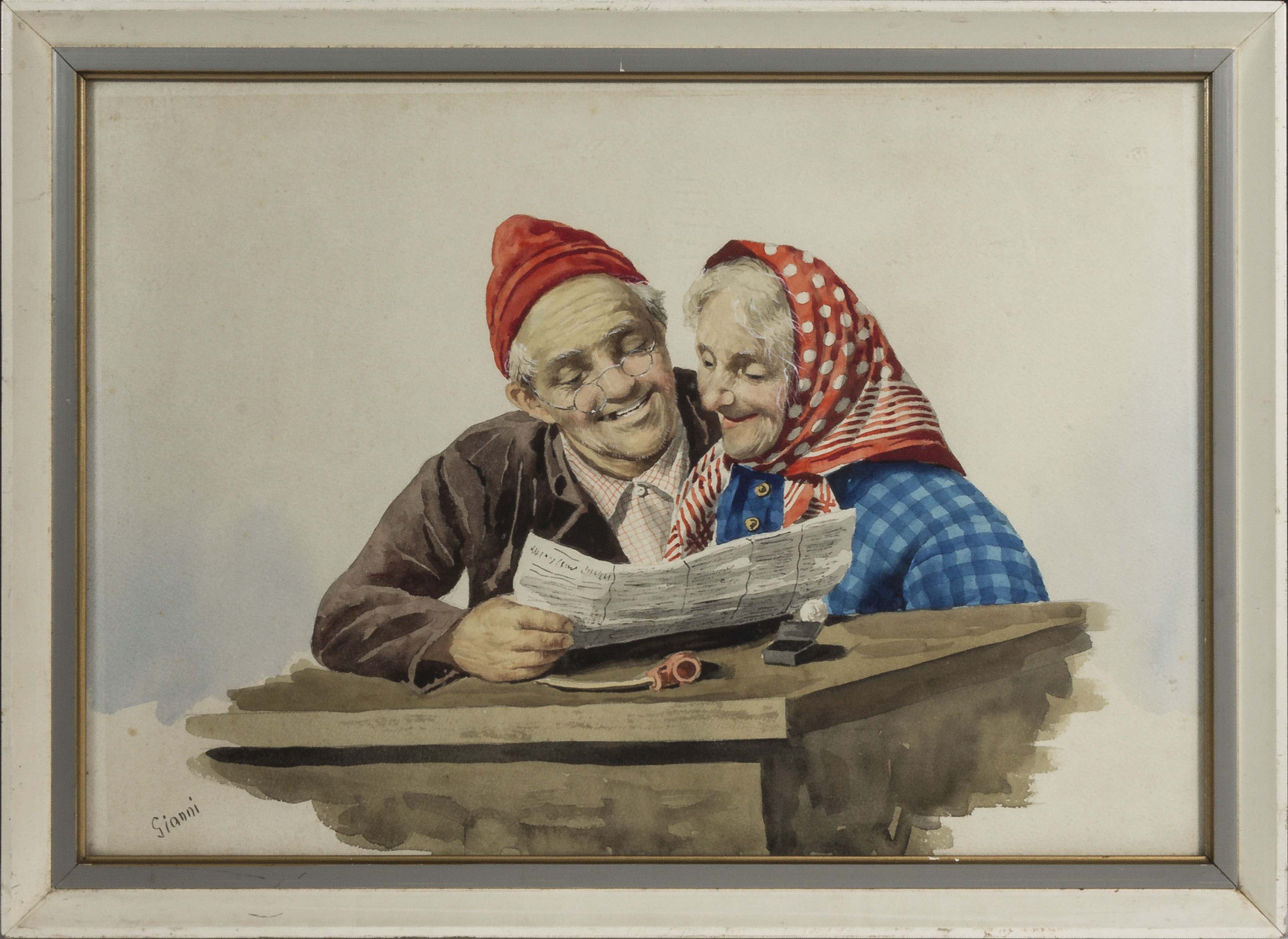 Gianni - framed watercolour drawing of an old Italian couple. Image size 30.5 x 44.5cm