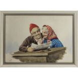 Gianni - framed watercolour drawing of an old Italian couple. Image size 30.5 x 44.5cm