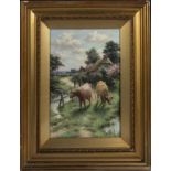 A gilt framed oil on panel depicting grazing cattle Image size30 x 20cm