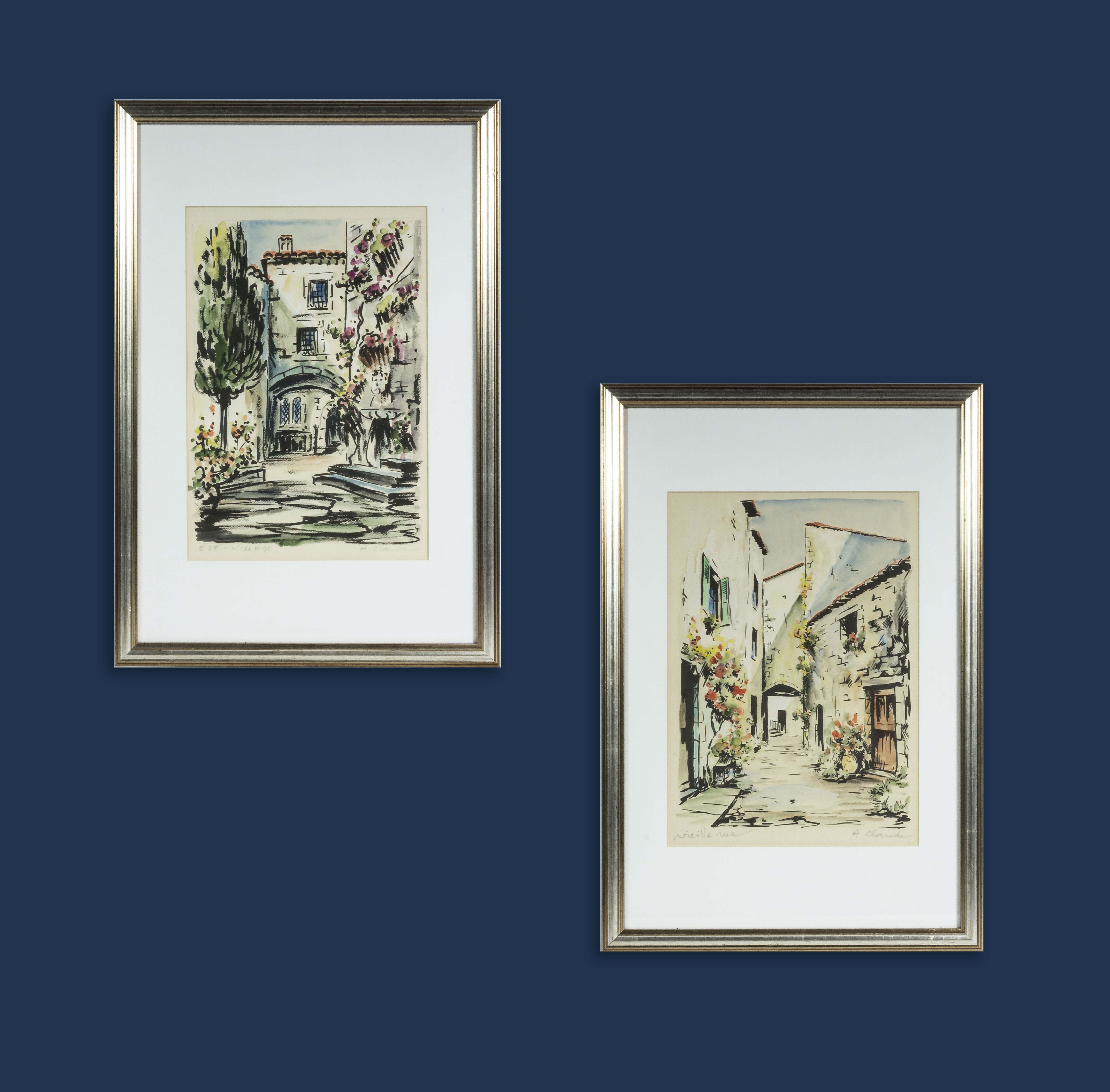 Pair of French vintage water colour paintings, village scenes 1950's