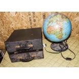 Two record boxes and a globe lamp