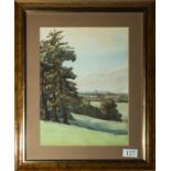 A framed watercolour depicting a rural scene