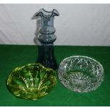 A crystal bowl and two pieces of art glass