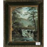 A framed oil on board depicting a waterfall and forest scene