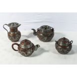 Chinese Yixing purole clay pewter mounted four piece tea set with dragon and stylised floral