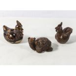 Three Oriental brown glazed figures, cockerel, goose and turtle