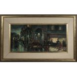 A framed impressionist oil on panel titled Ru. De. Tivoli Paris at Night, signed and monogrammed R