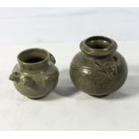 Two antique Celadon glazed crackle vases One in the shape of a double headed chicken, the other a