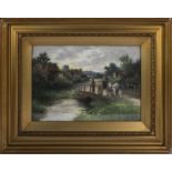 Gilt framed oil on panel depicting farmers driving a carriage over a bridge Image size 21 x 30cm