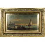 A gilt framed oil on canvas of a marine scene, indistinct signature. Image size 21cm x 42cm