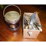 An oak and silver plated biscuit barrel together with a box of cutlery