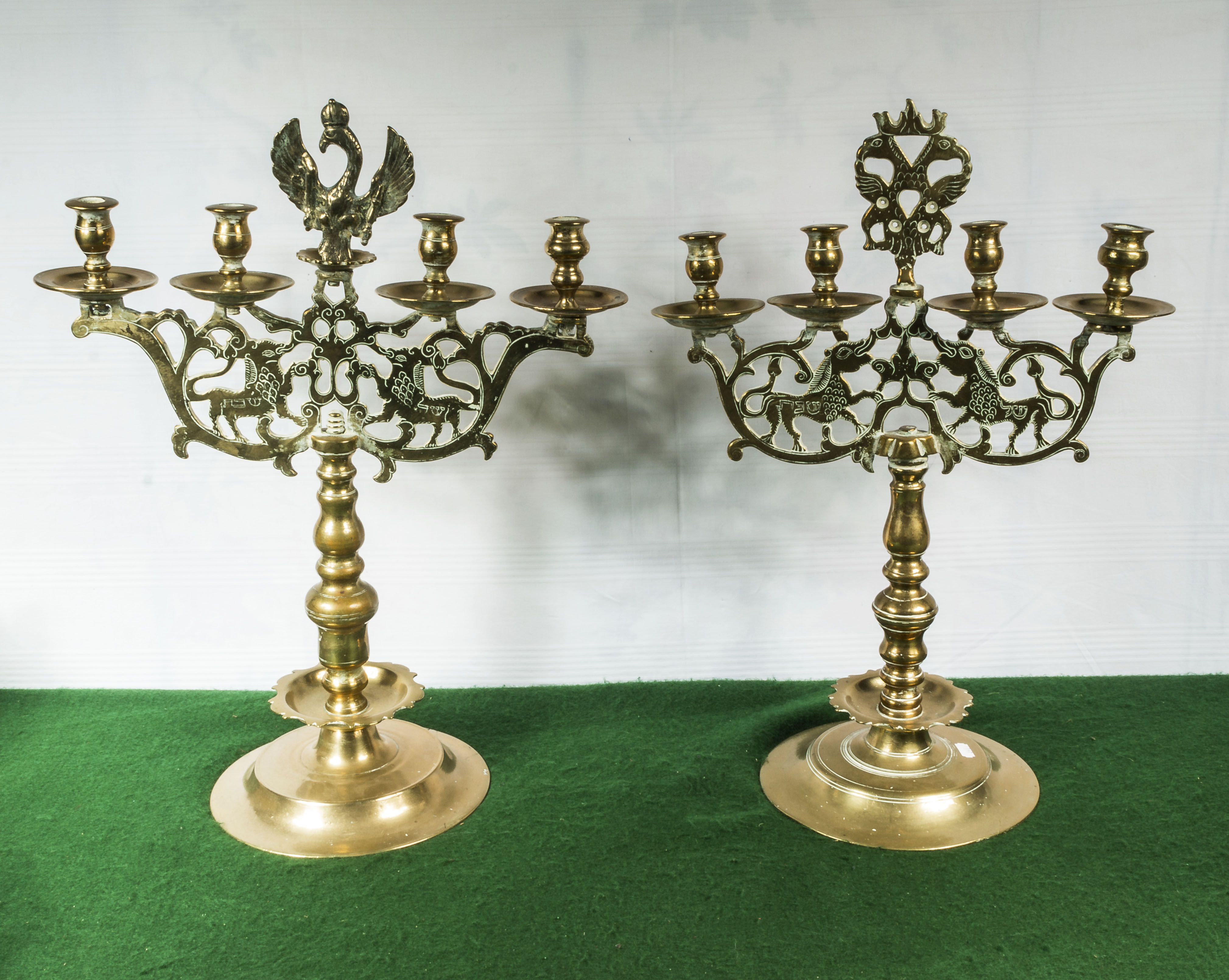 Two European brass four branch candelabra circa 1780, 56cm tall