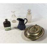 Two decanters, a hip flask, jug and silver plated tureen