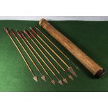 8 native arrows with hand-forged points in wooden quiver