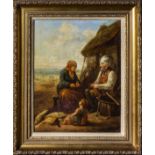 An oil on canvas of figures seated outside a cottage, label verso attributing picture to W Shayer,