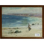 A small framed watercolour depicting a beach scene