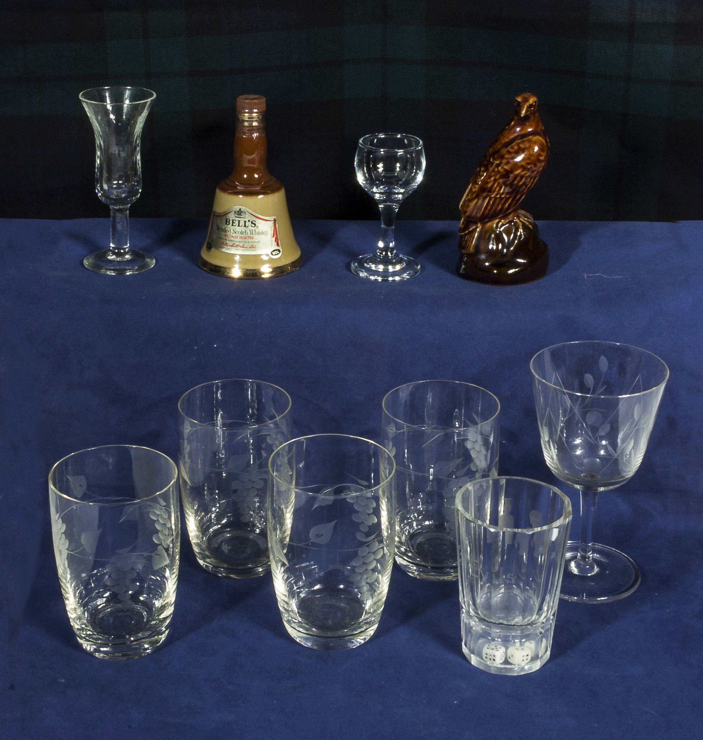 Eight etched glasses and two Beswick whisky miniatures