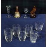 Eight etched glasses and two Beswick whisky miniatures