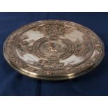 A silver plated embossed tazza depicting cherubs in flight with Elkington & Co shield crest mark