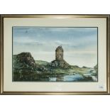 A framed watercolour depicting a Scottish scene