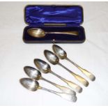 Five Scottish Provincial silver teaspoons maker David Gray Dumfries 110gms and a boxed silver spoon