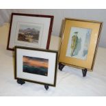 A small framed watercolour 'Eildons' by A L James together with a print of Abbotsford and a print of