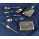 A small silver hip flask, cigarettes case spoons and Arne Jacobsen coffee spoon