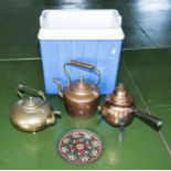 Copper and brass kettles and two other items with cool box