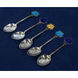 Five enamelled silver golf spoons, marked Bishop Auckland Golf Club, marks for 1930's 67gms