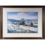 A large framed print of children picking flowers size 53 x 68cm