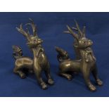 18th/19th century Chinese bronze scroll weights depicting mythical male and female stags