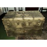 A large leather and brass bound travel trunk American makers name, James S Topham Washington