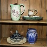 A Carlton ware jug, Rington's tea caddy and other pottery items