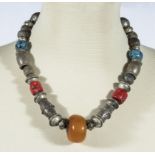 Old ethnic tribal necklace from Central Asia, faux amber, red coral hand made old silver coins and