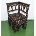 A Syrian corner chair with mother of pearl inlay