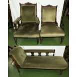 A late Victorian lounge suite comprising chaise longue, Mother's and Father's chairs