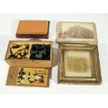 A vintage chess set, two early photographs and a leather cigarette case