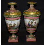 A pair of French Sevres vases with classical scenes, sailings ships etc.
