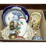 A box containing Rockingham pottery and other items