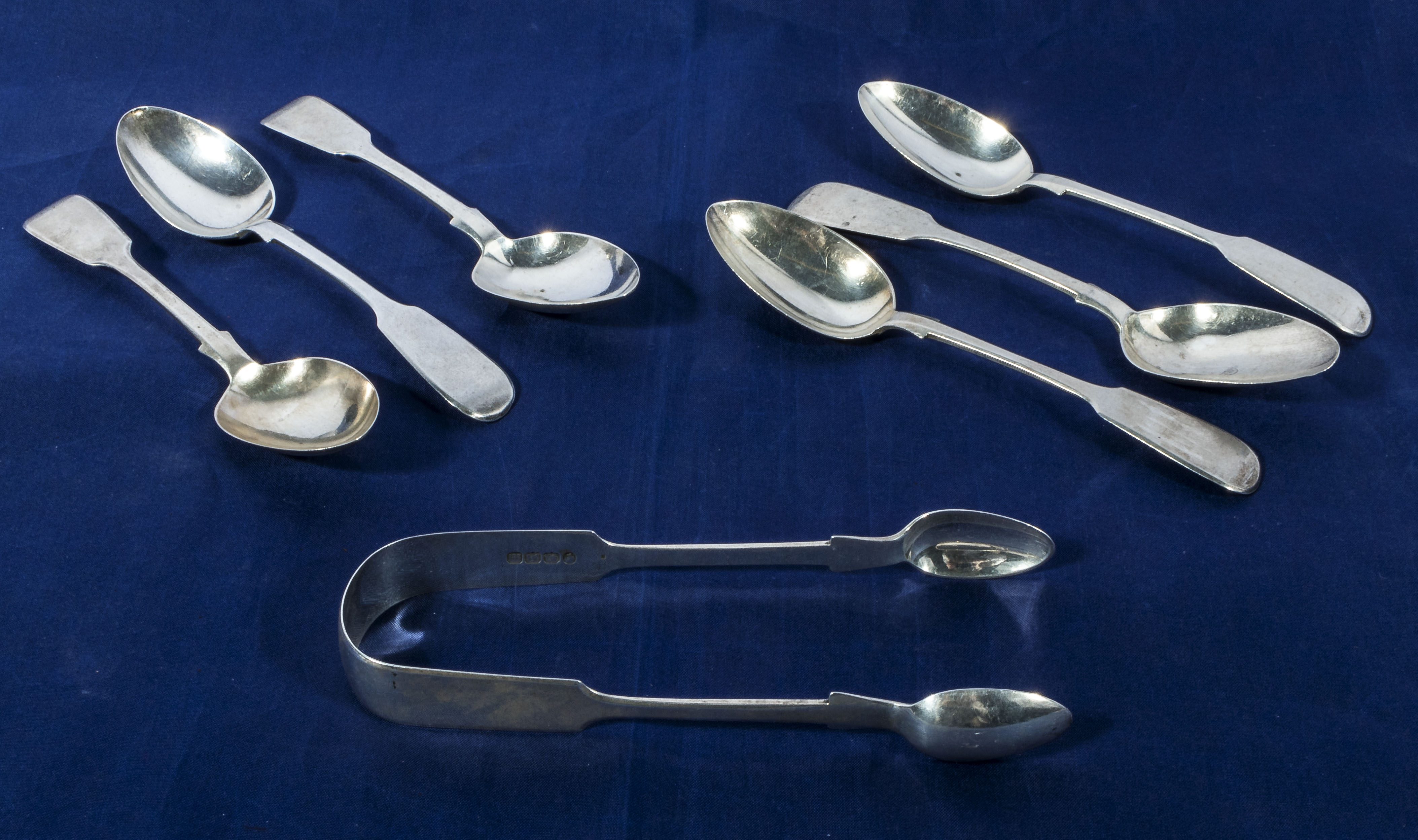 Six silver spoons and sugar tongs, Exeter assay mark 1848, makers name Robert, James and Josiah