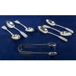 Six silver spoons and sugar tongs, Exeter assay mark 1848, makers name Robert, James and Josiah