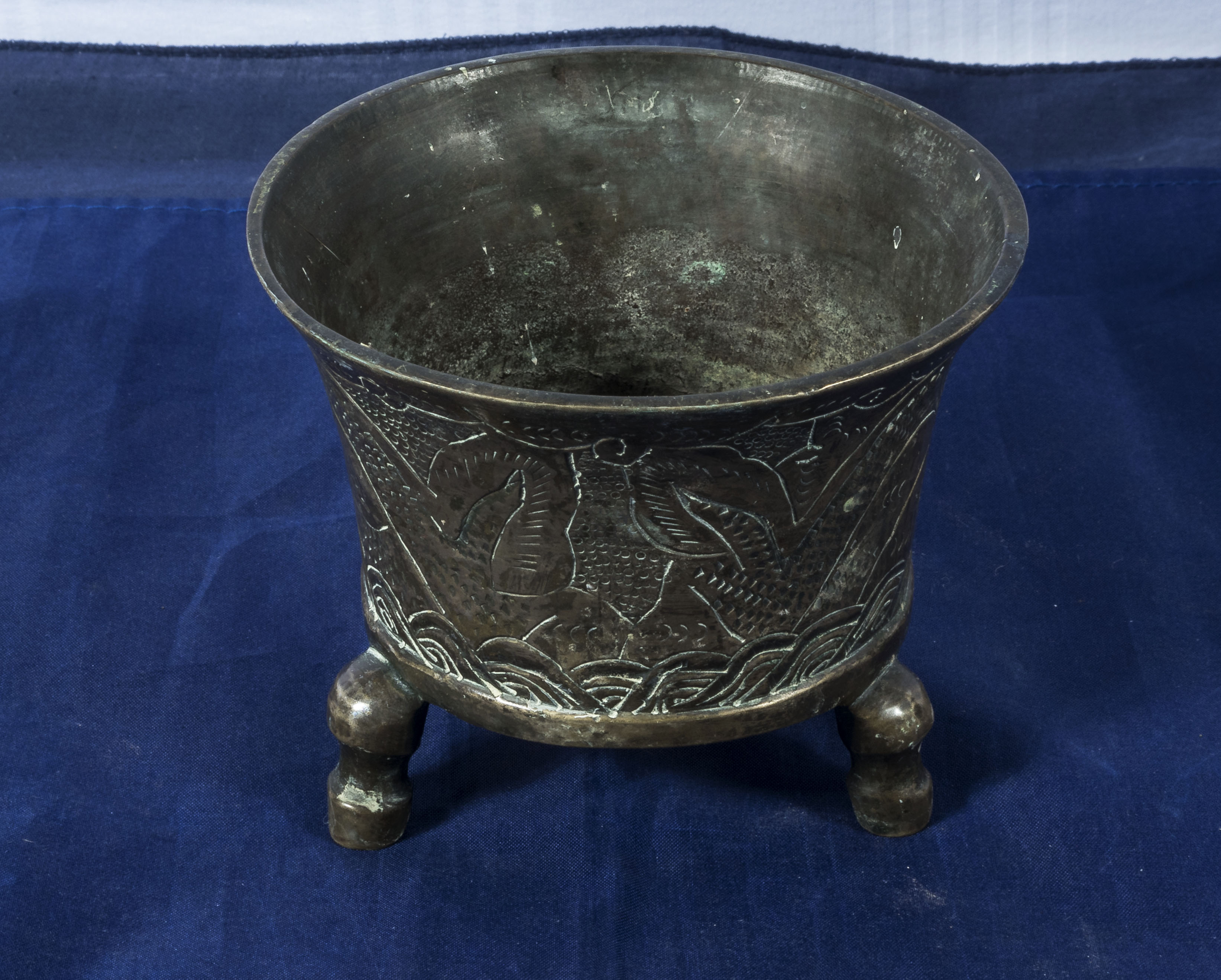 An antique Chinese bronze brush pot marks to base