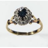 A lady's 18ct gold sapphire and diamond cluster ring, weight 3gms, size O