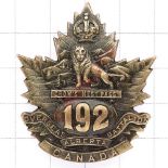 Canadian 192nd (Crow’s Nest Pass) Bn. CEF WW1 bronze cap badge. Die-stamped D.E. Black & Co Loops
